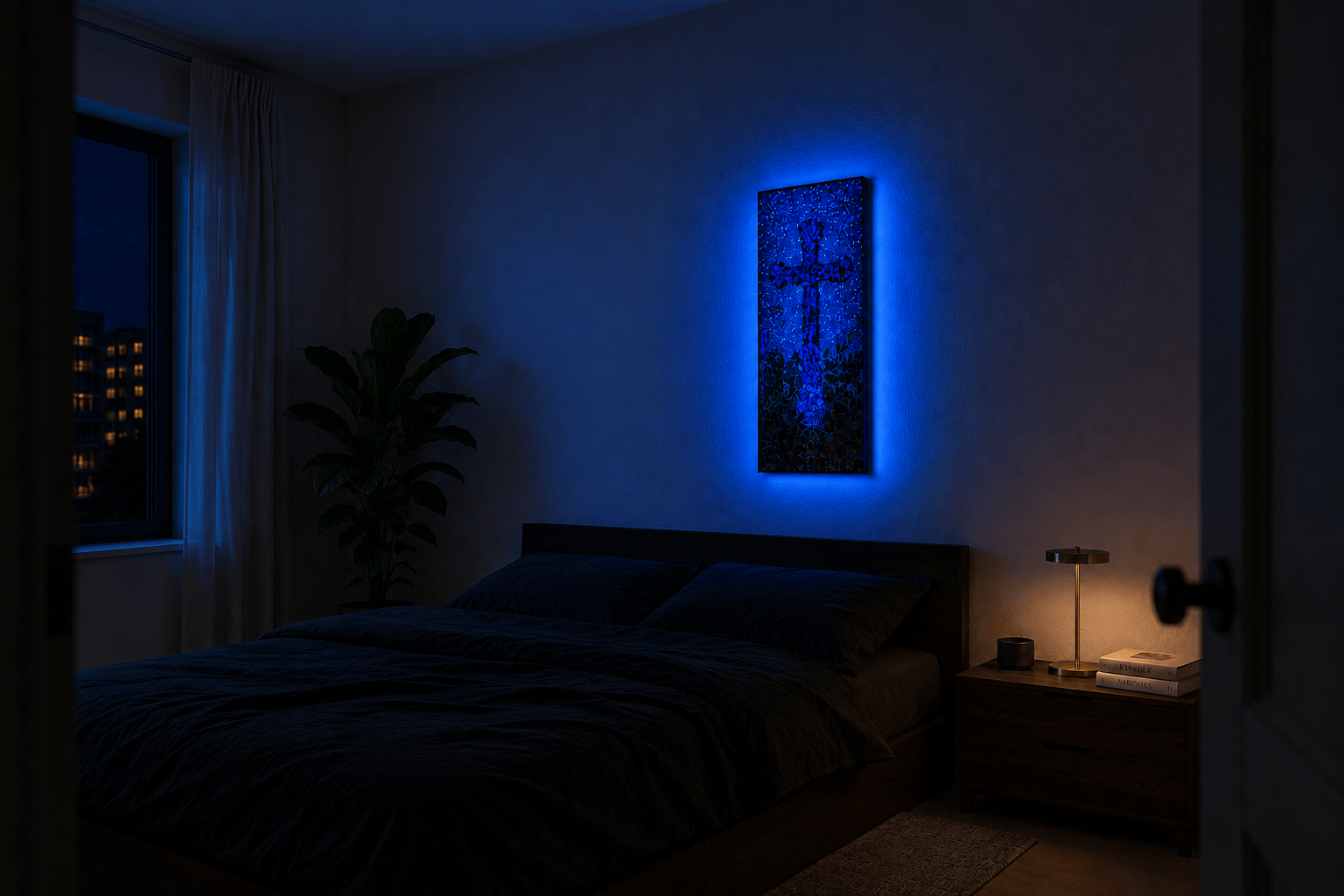 Stained glass art at night with backlight